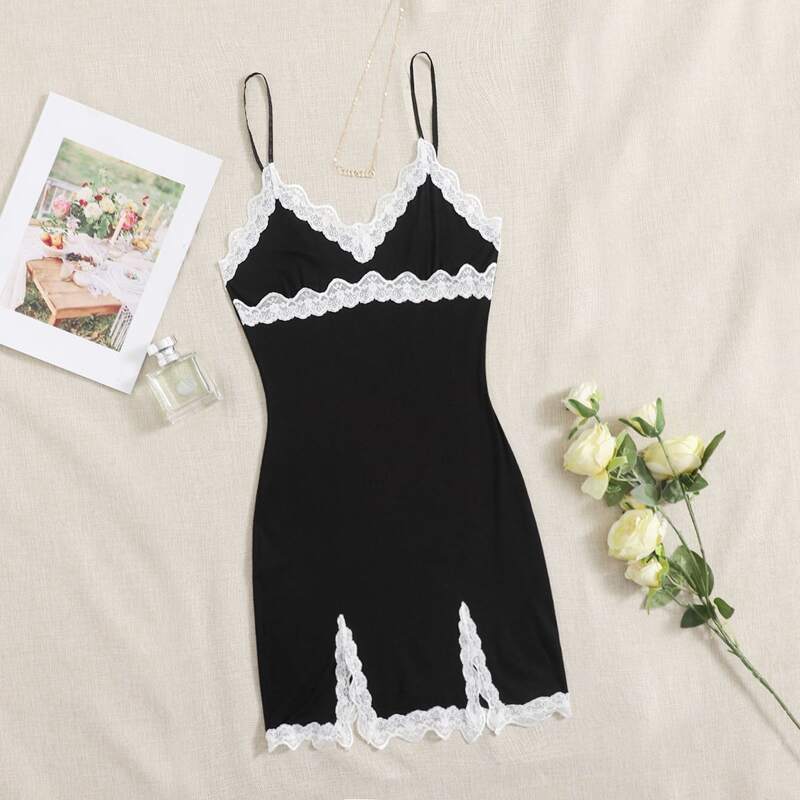 

Lace Trim Cami Dress, Black