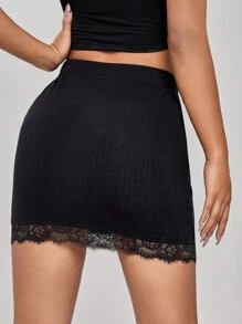 SHEIN Lace Trim Solid Skirt - Black - View 2