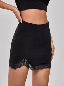 SHEIN Lace Trim Solid Skirt - Black - View 4