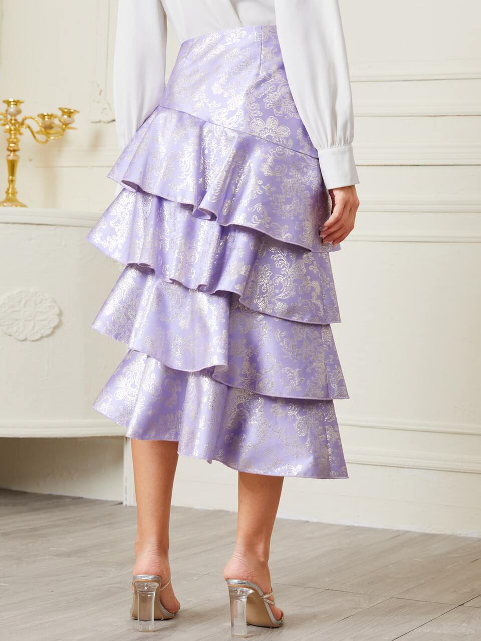 Layered Hem Floral Satin Skirt