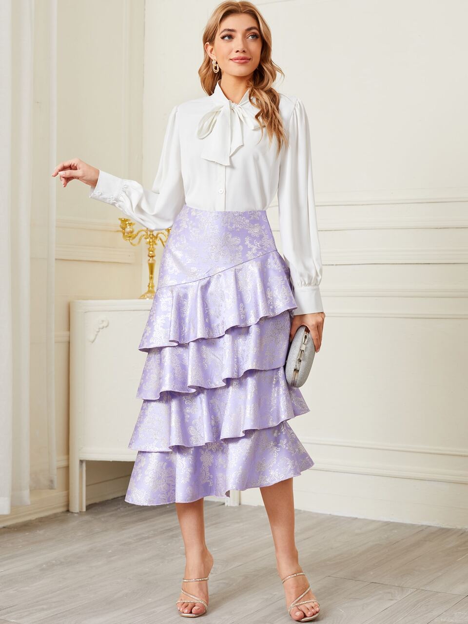 Layered Hem Floral Satin Skirt