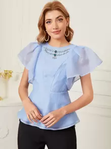 Modelyn Top con diamante de imitación de manga mariposa - Celeste - Ver 1