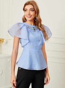 Modelyn Top con diamante de imitación de manga mariposa - Celeste - Ver 3