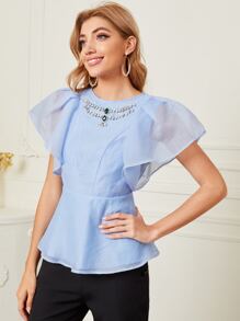 Modelyn Top con diamante de imitación de manga mariposa - Celeste - Ver 5