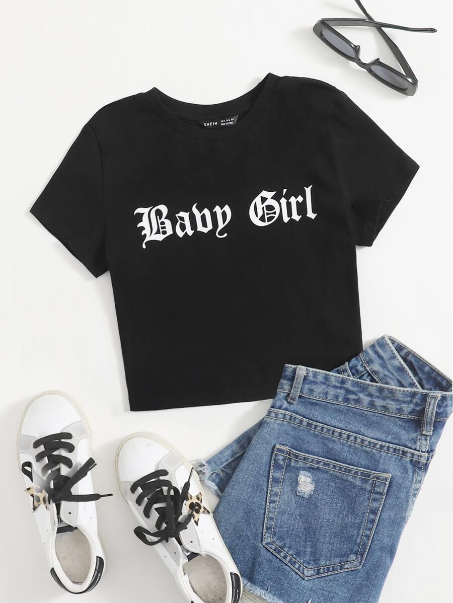 SHEIN Coolane 字母圖案T恤 - 黑色 - 查看 1