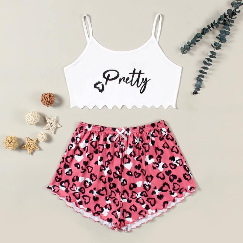 

Heart Print Lettuce Trim PJ Set, Multicolor