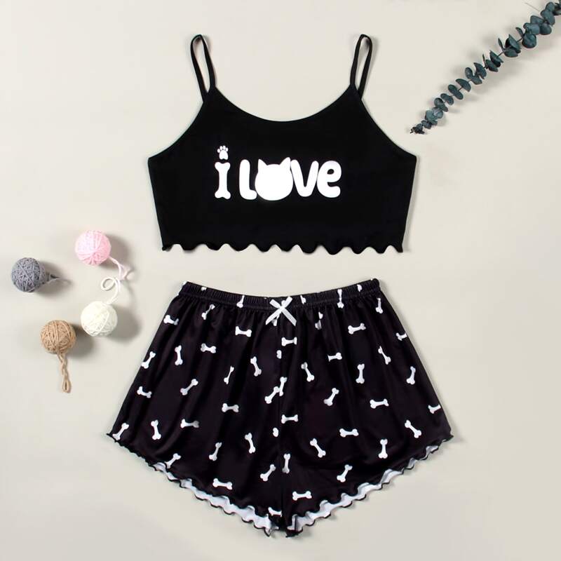 

Slogan Graphic Lettuce Trim PJ Set, Black