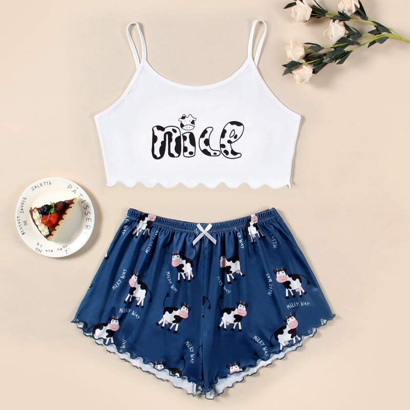 

Cow Print Lettuce Trim PJ Set, Blue and white