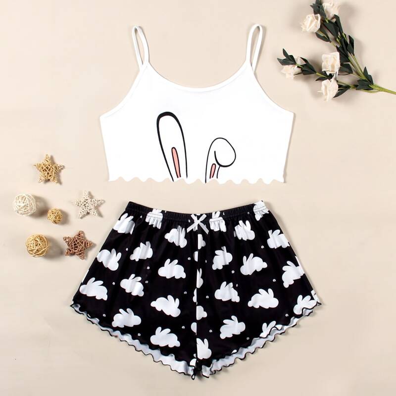 

Rabbit Print Lettuce Trim PJ Set, Black and white
