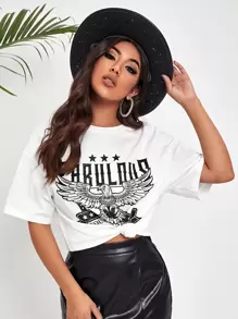 SHEIN SXY Drop Shoulder Eagle & Letter Print Tee - White - View 1