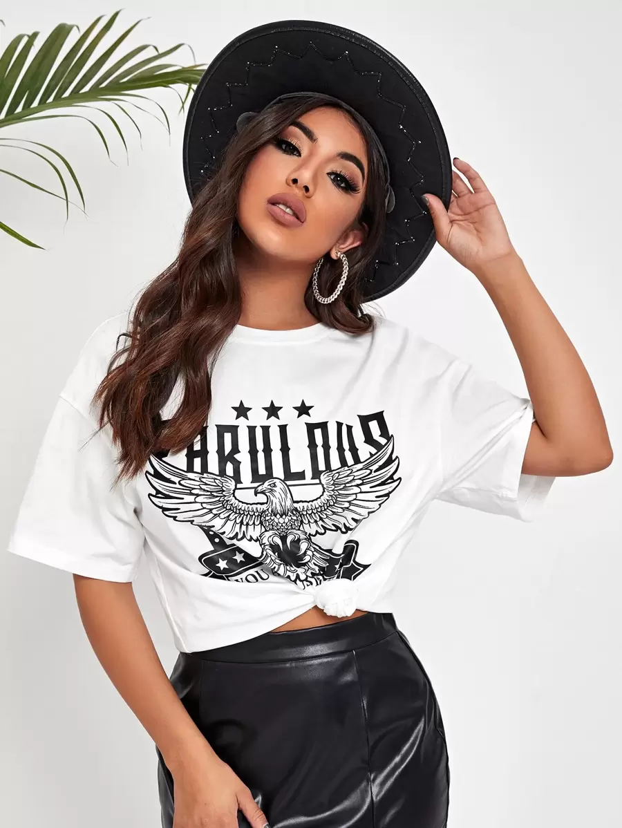 SHEIN SXY Drop Shoulder Eagle & Letter Print Tee - White - View 1