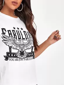 SHEIN SXY Drop Shoulder Eagle & Letter Print Tee - White - View 3