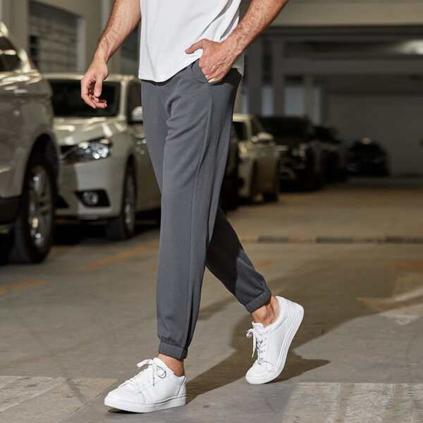 

Men Solid Drawstring Waist Sweatpants, Grey