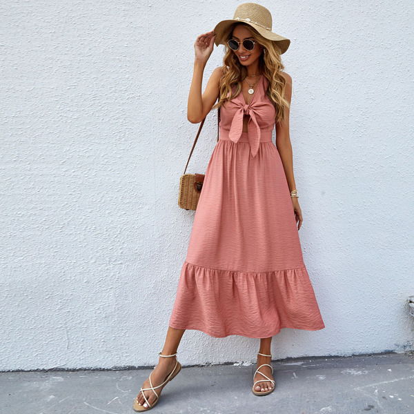 

Tie Front Ruffle Hem A-line Dress, Dusty pink