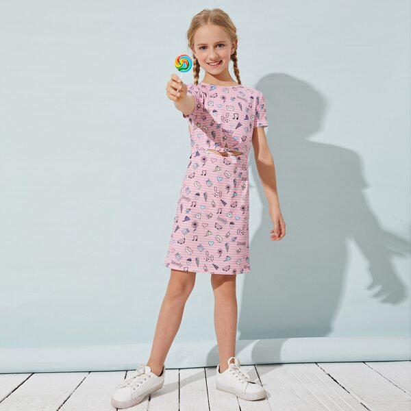 

Girls Cartoon and Striped Print Peekaboo Knot Front Dress, Multicolor