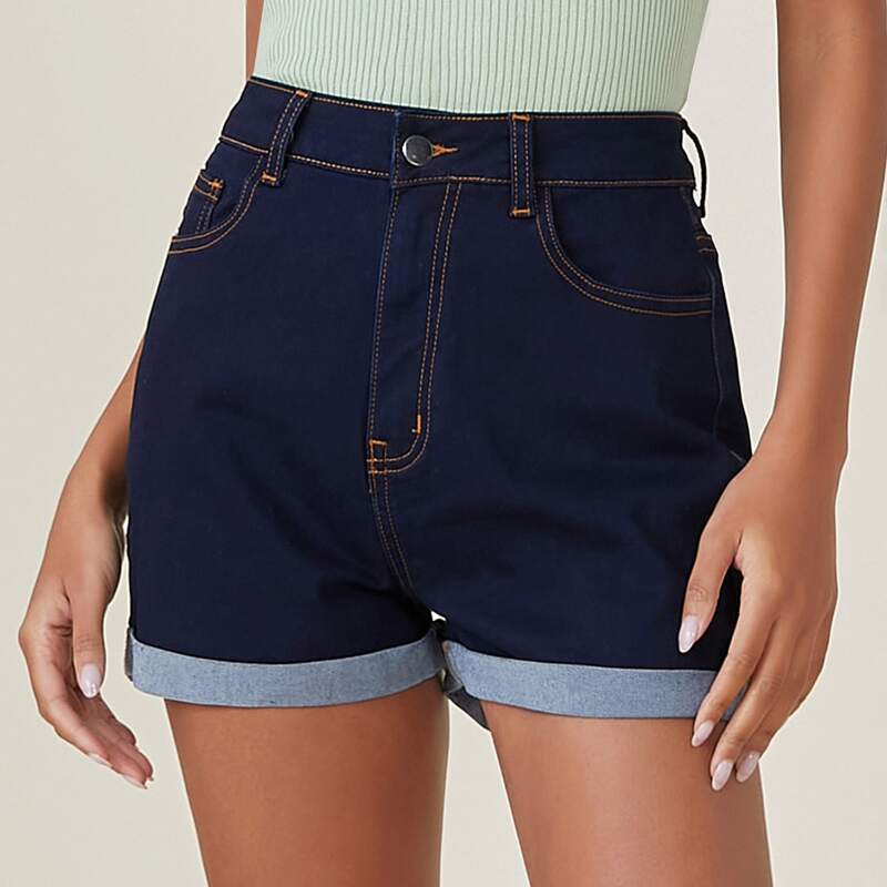 

High Waist Cuffed Denim Shorts, Dark wash