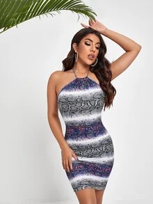 SHEIN SXY Vestido halter patrón de piel de serpiente de color combinado - Multicolor - Ver 5