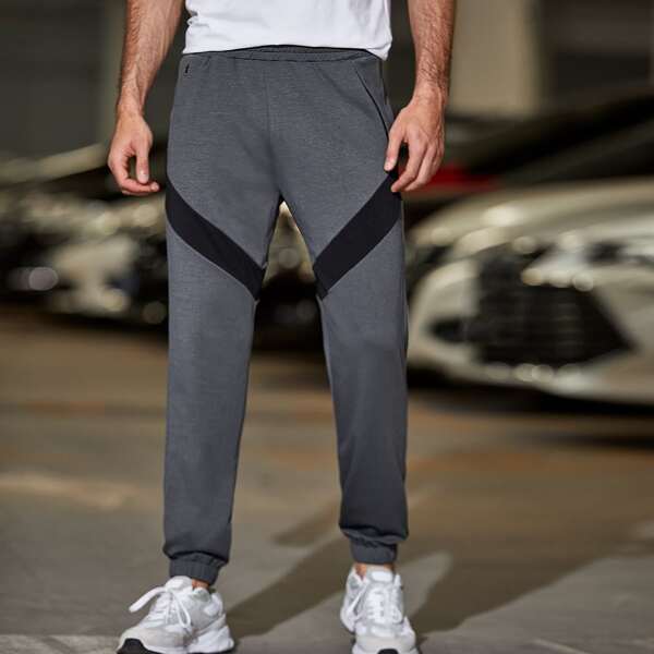 

Men Contrast Panel Zip Detail Sweatpants, Dark grey