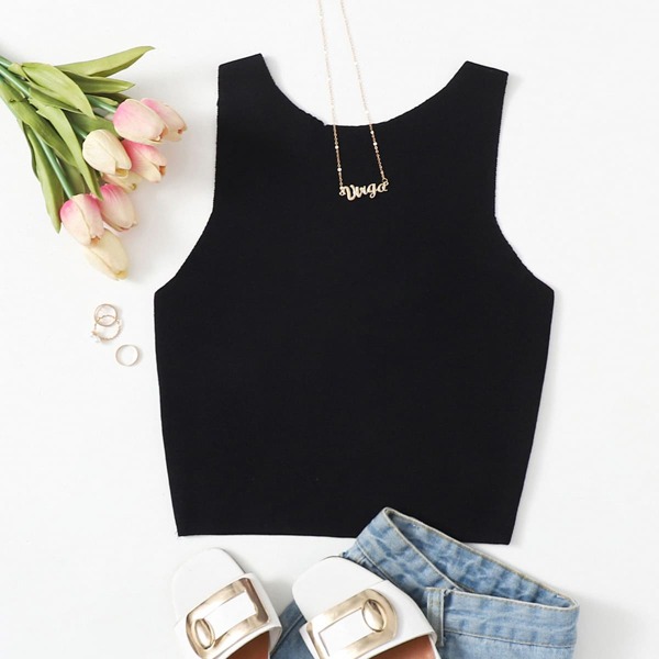 

Criss Cross Back Solid Knit Top, Black