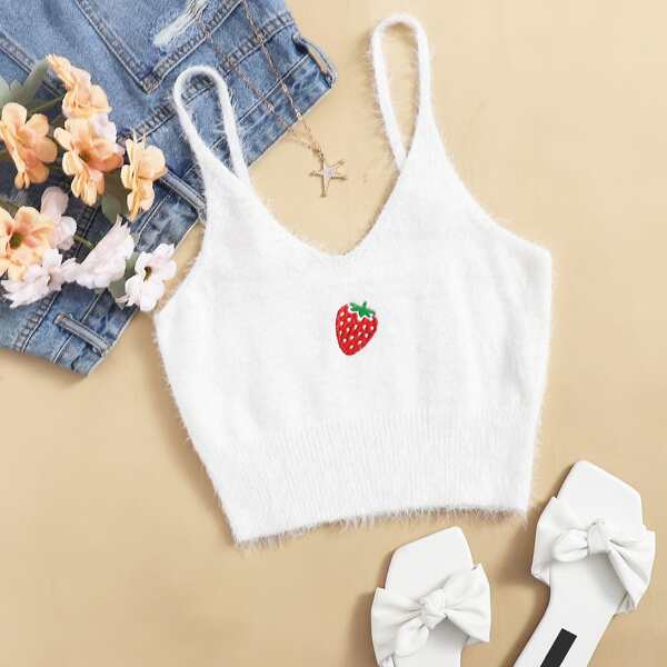 

Strawberry Print Fluffy Knit Top, White