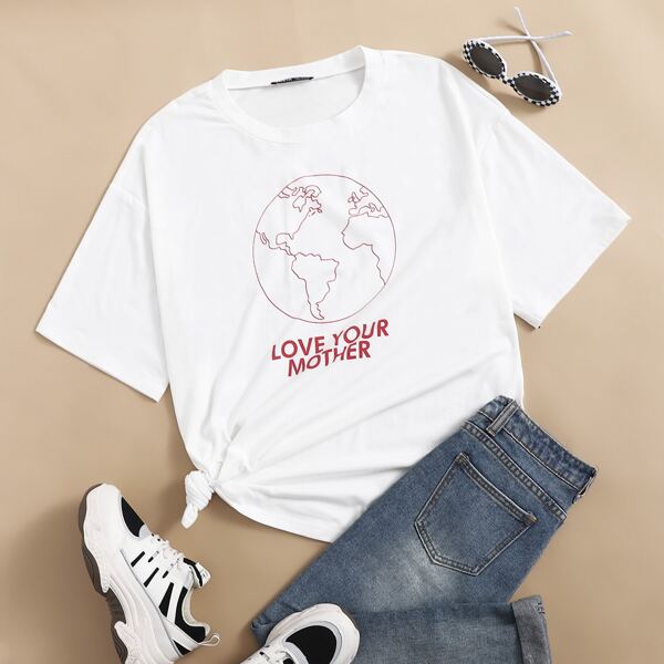 

Slogan Graphic Earth Print Tee, White