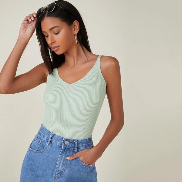

Double V-neck Solid Ribbed Knit Top, Mint green
