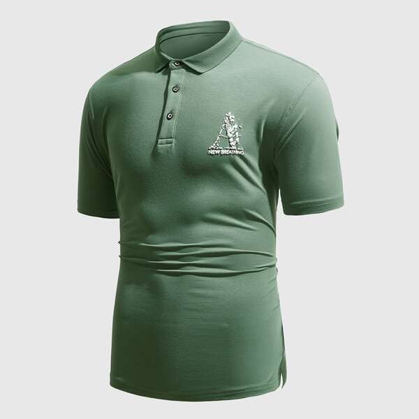 

Men Letter Pattern Button Polo Shirt, Mint green