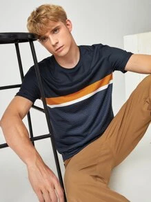 Manfinity RebelGame Áo thun nam sọc màu - Màu xanh hải quân - Xem 1