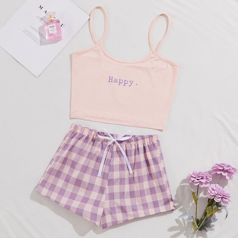 

Letter Graphic Cami Top & Buffalo Plaid Shorts PJ Set, Multicolor
