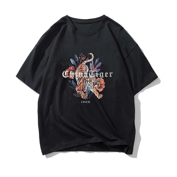 

Men Tiger & Floral Print Tee, Black