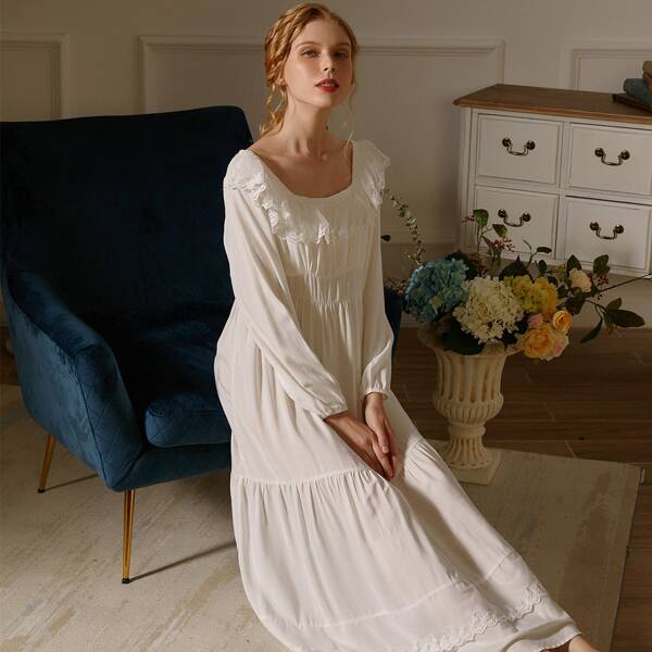 

Contrast Lace Ruffle Hem Night Dress, White