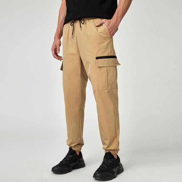 

Men Drawstring Waist Flap Pocket Pants, Khaki