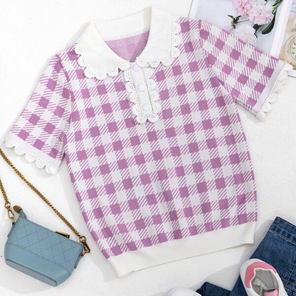 

Gingham Pattern Guipure Trim Knit Top, Multicolor
