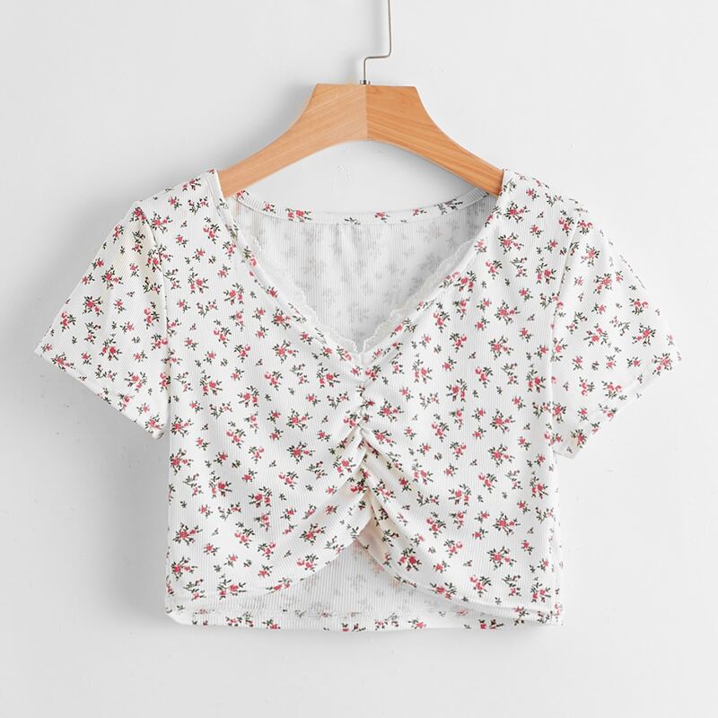 

Ditsy Floral Ruched Crop Top, White