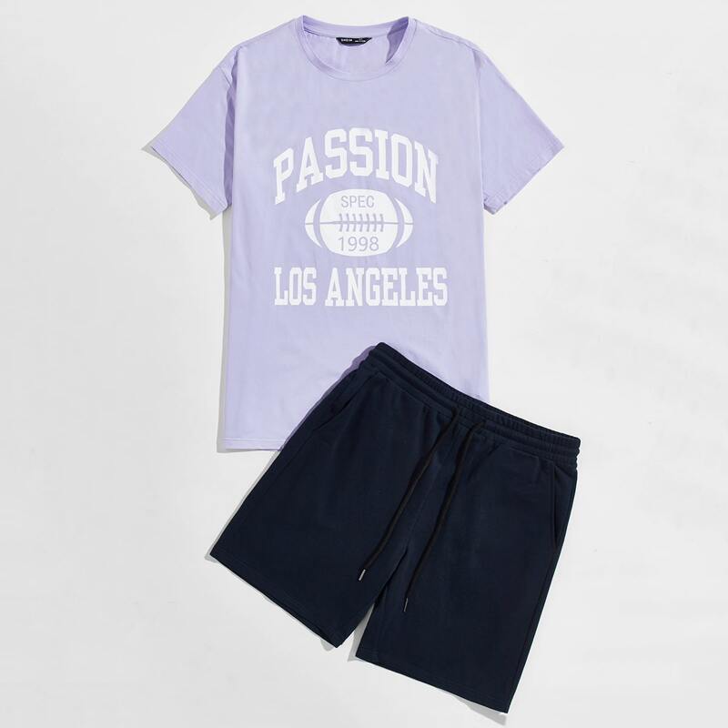 

Guys Letter Graphic Top & Drawstring Waist Track Shorts Set, Multicolor