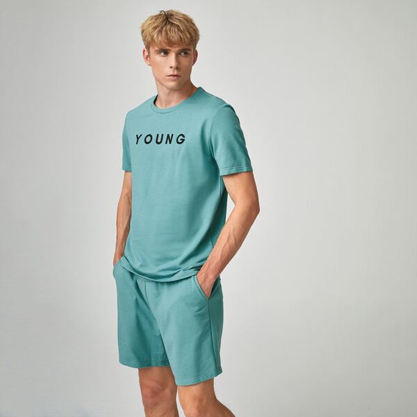 

Men Letter Graphic Top & Track Shorts Set, Cadet blue