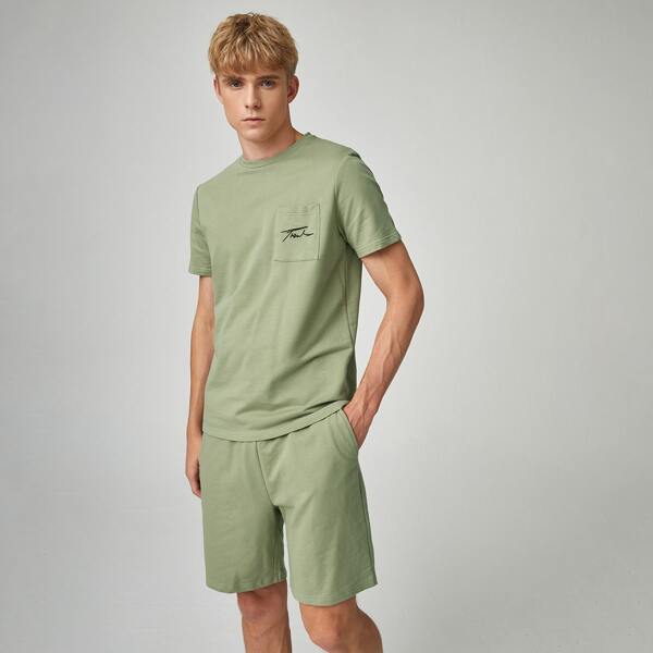 

Men Letter Embroidery Top & Track Shorts Set, Mint green