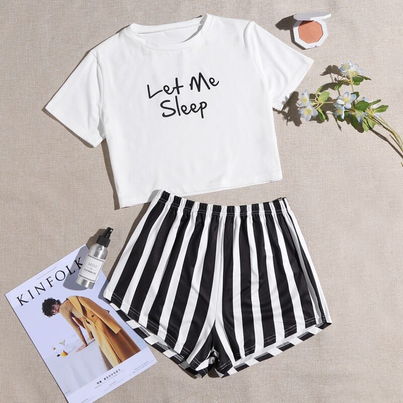 

Slogan Print Tee & Stripe Shorts PJ Set, Black and white