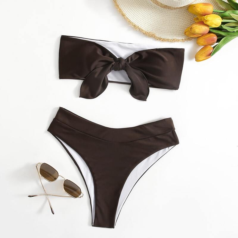 

Knot Front Bandeau Bikini Swimsuit, Coffee brown