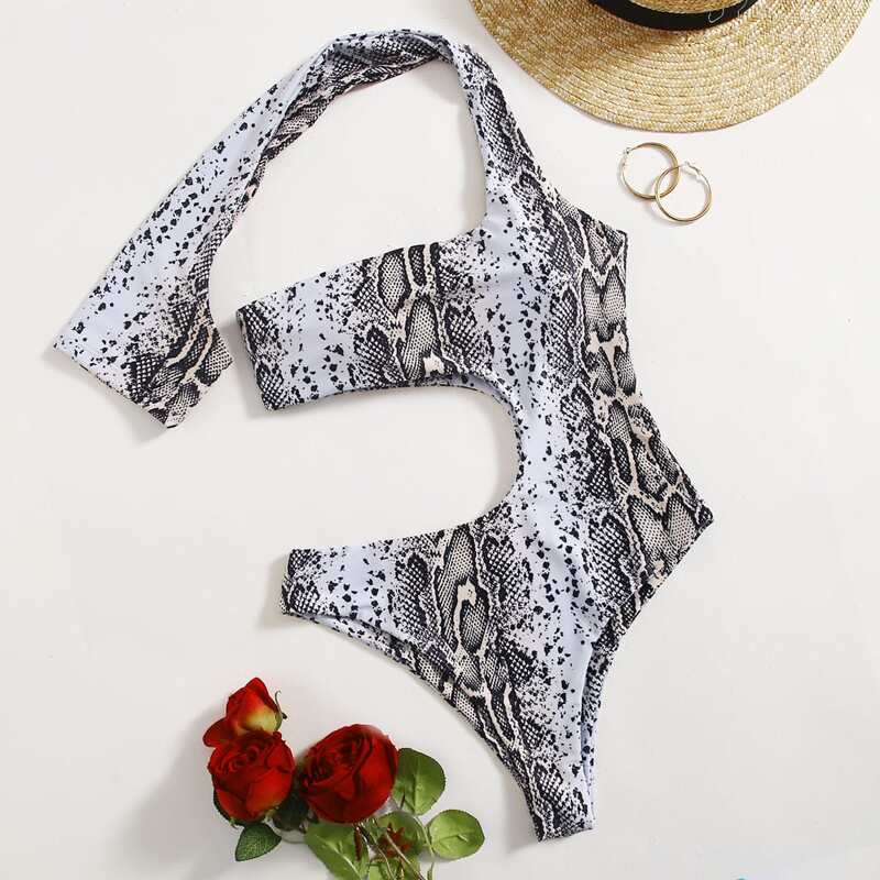 

Snakeskin Print Cut-out One Piece Swimsuit, Multicolor