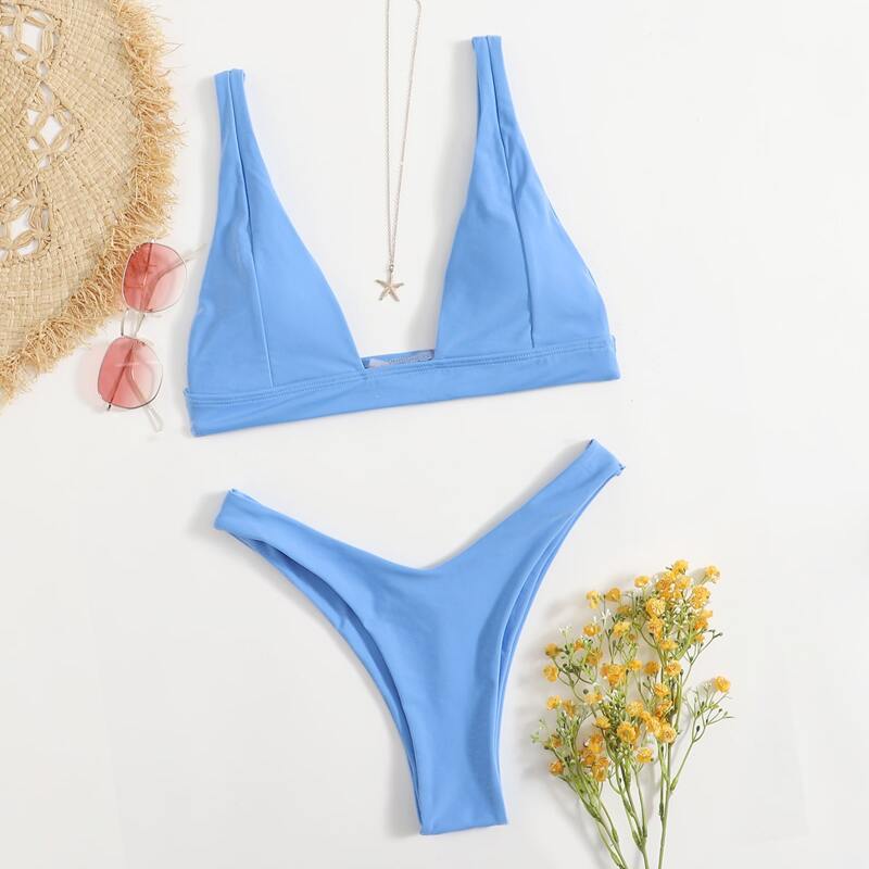 

Triangle High Leg Bikini Swimsuit, Blue