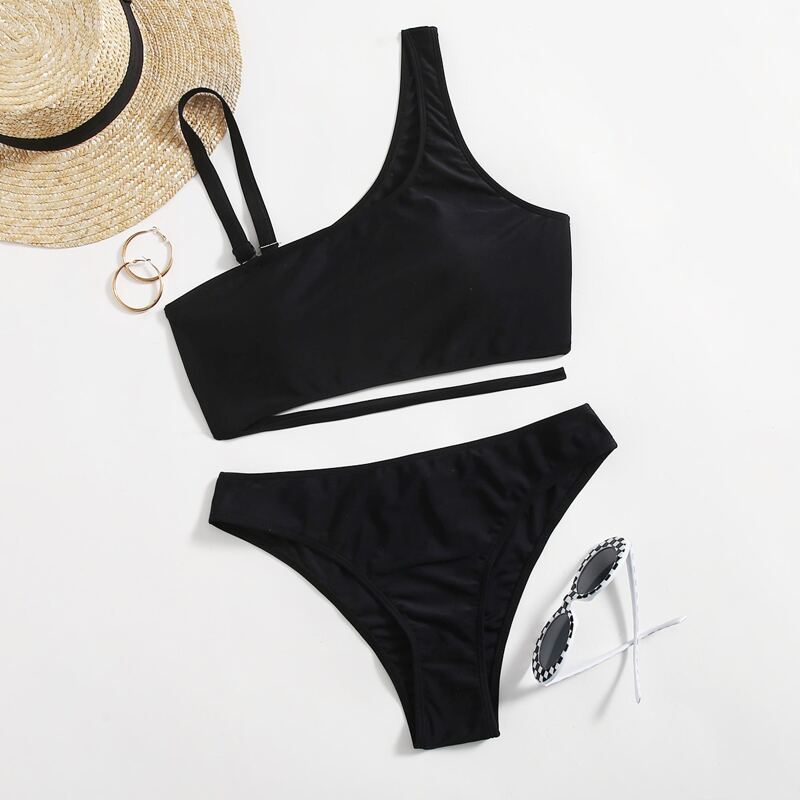 

Plain Asymmetric Neck Bikini Swimsuit, Black