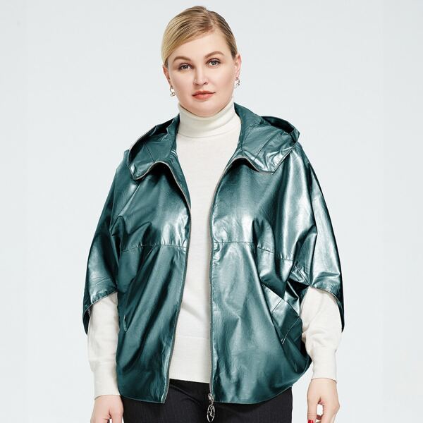 

Plus Hooded PU Leather Jacket, Green