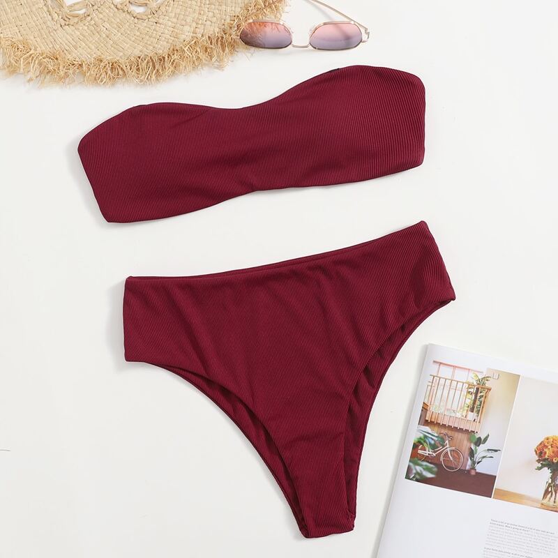 

Ribbed High Waist Bikini Swimsuit, Burgundy