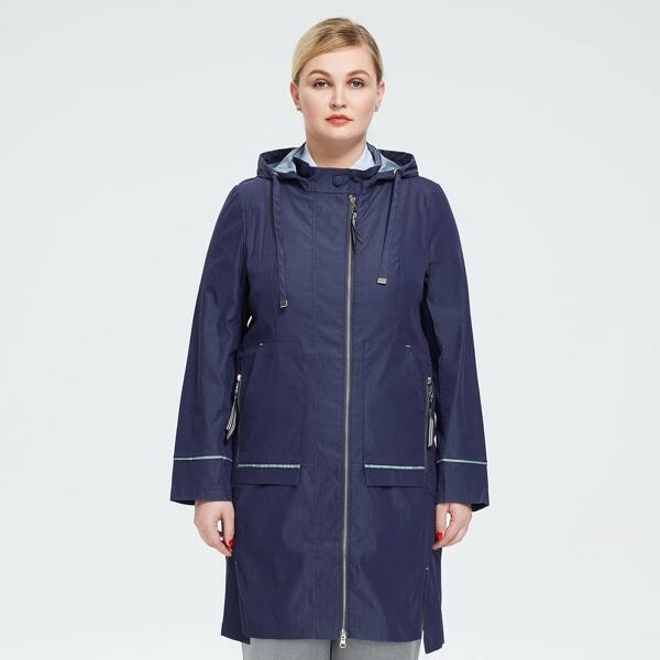 

Plus Zip Up Drawstring Hooded Coat, Navy blue