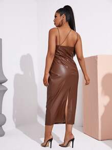 SHEIN Plus Split Hem PU Leather Dress - Coffee Brown - View 2