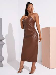 SHEIN Plus Split Hem PU Leather Dress - Coffee Brown - View 5