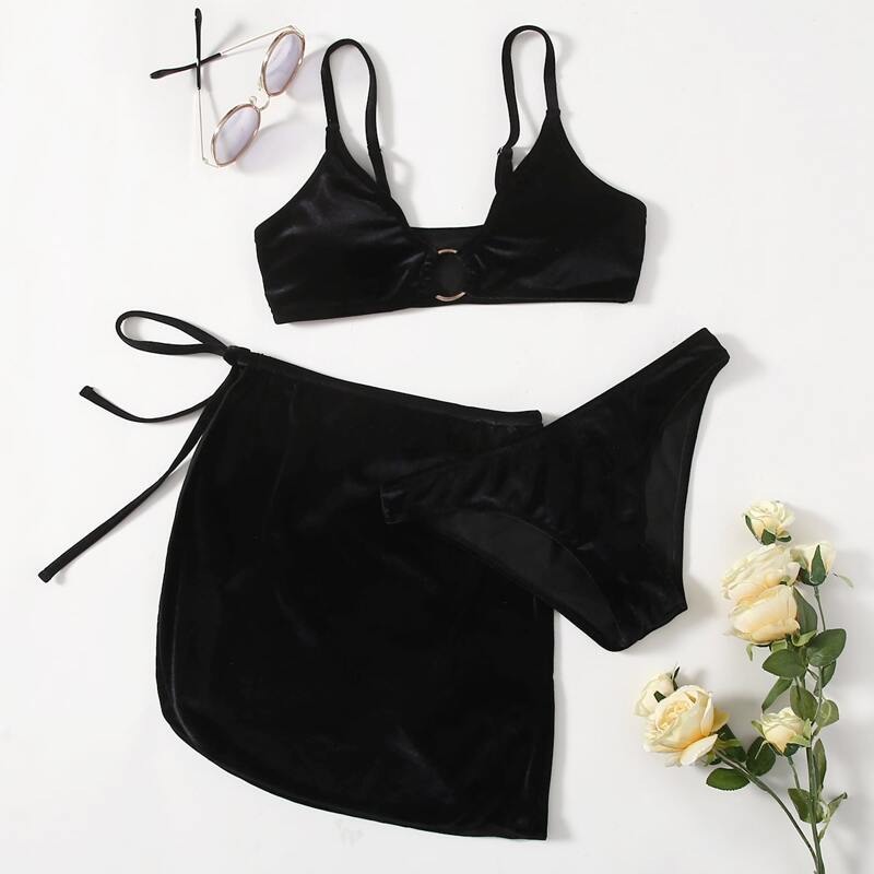 

Ring Decor Velvet Bikini Swimsuit & Skirt, Black