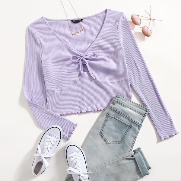 

Plus Knot Front Lettuce Trim Rib-knit Tee, Lilac purple