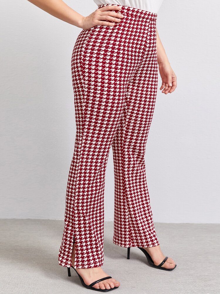 SHEIN Plus Flare Leg Houndstooth Pants - Red and White - View 1